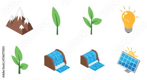 Sustainable energy and nature icons set with solar, waterfall, light bulb, mountains