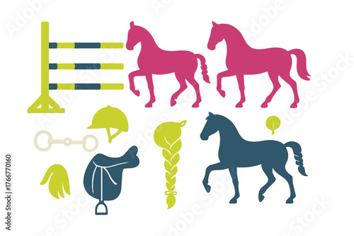 Collection of stylized horse silhouettes and equestrian sport gear