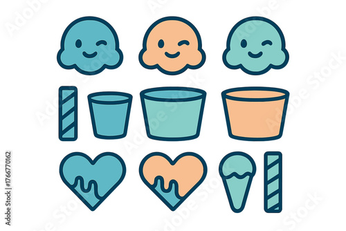 Collection of happy ice cream and sweet dessert icons with various toppings