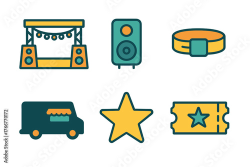 Vibrant icons set for music festival and outdoor event elements