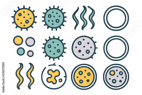 Colorful microbe and cell icons for biology and science concepts