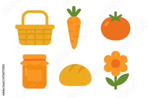 Harvest and picnic food icons featuring basket, carrot, tomato, jam, bread, and flower