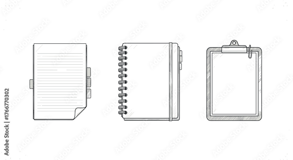 Hand drawn sketch of stationery: paper, notebook, and clipboard in detailed design
