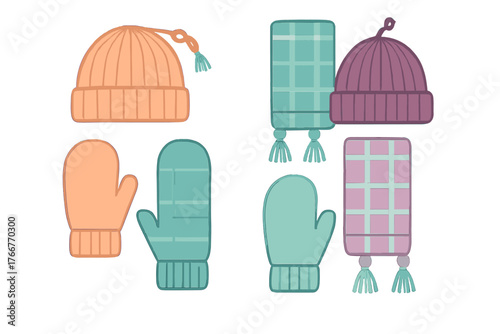Assortment of knitted winter hats mittens and plaid scarves