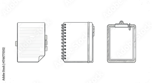 Hand drawn sketch of stationery: paper, notebook, and clipboard in detailed design