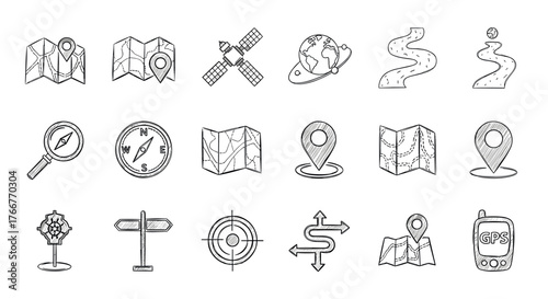 Hand-drawn navigation icons collection: maps, compasses, gps, and directions