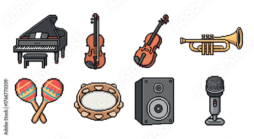 Pixel art musical instruments set featuring classical and modern designs