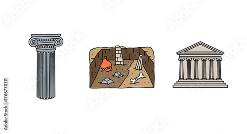 Ancient architecture and archaeology: greek column, dig site, temple