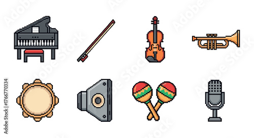 Pixel art musical instruments collection with piano, violin, trumpet, and microphone