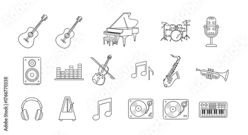 Linear music instrument icons set featuring guitar, piano, drum set, and microphone