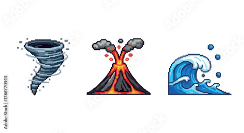 Pixel art tornado, erupting volcano, and ocean wave icons for environmental themes