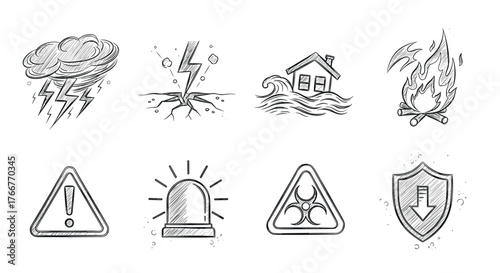 Hand drawn disaster icons: weather, earthquake, fire, flood, warning, emergency symbols