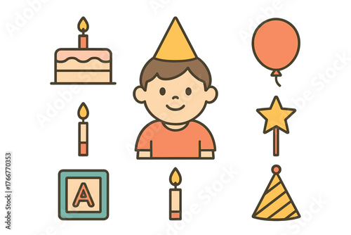 Set of cute icons for children birthday celebration and party elements