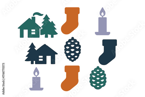 Set of winter holiday icons featuring houses, pine trees, candles, stockings, and pinecones