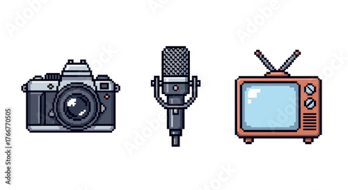 Retro pixel art: camera, microphone, and television