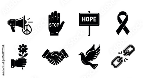Peace and activism icons set featuring megaphone, ribbon, and handshake in silhouette style