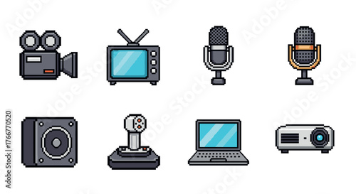 Pixel art icons of retro electronics: camera, tv, microphone, speaker, joystick, laptop, projector
