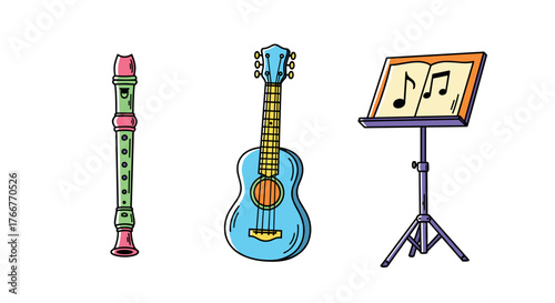 Colorful musical instruments illustration with guitar, recorder, and music stand
