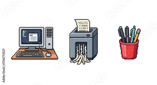 Retro pixel art office essentials: computer, shredder, and stationery cup