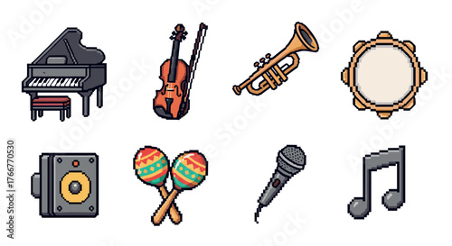 Pixel art musical instrument icons: piano, violin, trumpet, tambourine, speaker, maracas, microphone, note