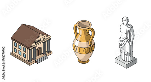 Isometric museum building with classical vase and statue