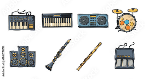 Colorful musical instruments collection with vintage style hand drawn design