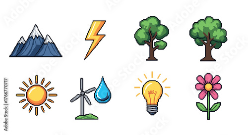 Colorful pixel art icons of nature and energy with sun, trees, and wind turbine