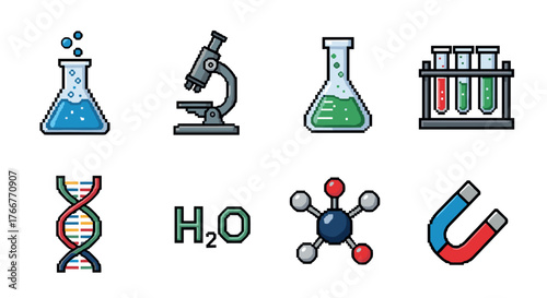 Pixel art science icons with beakers, dna, and magnet