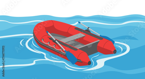 Red inflatable boat floating on water with blue oars in minimalist style