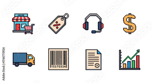 Colorful online shopping elements with flat icons and graphs