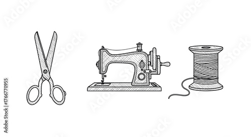 Vintage sewing tools line art with scissors, machine, and thread spool