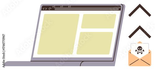 Laptop with a web layout interface accompanied by an email containing a malicious virus icon. Ideal for cybersecurity, online safety, phishing awareness, hacking prevention, digital protection, virus