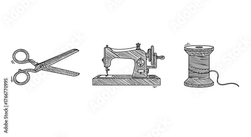 Vintage sewing tools with hand-drawn style featuring scissors, sewing machine, and thread spool