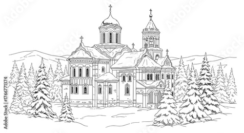 Orthodox monastery in snowy forest line art illustration