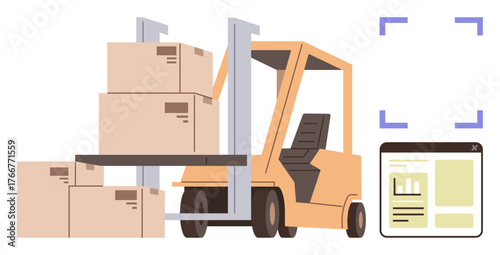 Forklift lifting cardboard boxes in a warehouse setting with a digital inventory tracking screen. Ideal for logistics, supply chain, ecommerce, storage, technology, efficiency, business. Simple flat