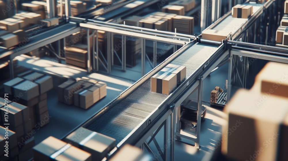 Fototapeta premium A modern warehouse interior with rows of stacked cardboard boxes. Conveyor belts transport packages through the facility, showcasing efficient logistics and cargo transport.