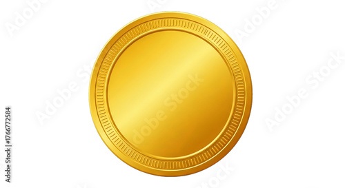 A shiny and bright golden coin with an ornate detailed border against black background is displayed.