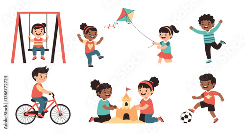 Children happily playing outdoors kids enjoying activities like biking, kite flying, soccer, and building sandcastles on a sunny day