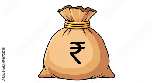 Illustrated tan money bag tied with golden rope, displaying the Indian Rupee currency symbol.