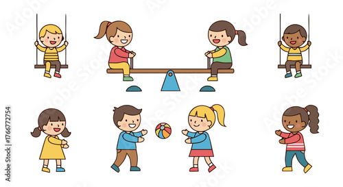 Vector illustration of happy children playing on playground swings, a seesaw, and with a ball, depicting childhood fun and outdoor activities in a diverse group