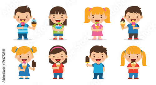 Collection of happy cartoon children enjoying ice cream cones and popsicles on a bright background, illustrating summer treats and childhood joy, perfect for food, lifestyle, and celebration themes