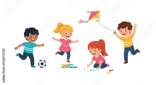 Children playing with kite and soccer ball, drawing with chalk, and jumping over blocks, embodying joyous childhood activities and outdoor recreation for diverse young kids in vibrant illustration