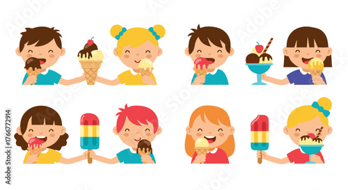 Set of happy kids enjoying delicious ice cream cones and popsicles on a bright sunny day, celebrating summer fun and sweet treats with joy