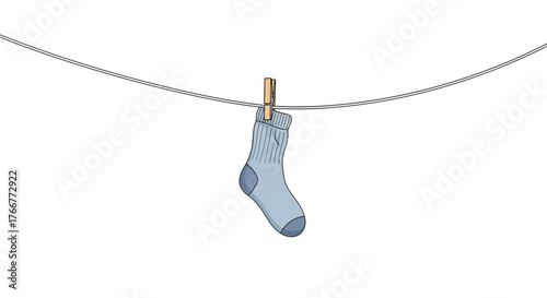 Single light blue sock hanging on clothesline with wooden clothespin, isolated on