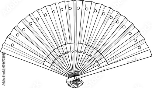 Elegant hand fan line art vector illustration, detailed wooden slats and decorative handle, ideal for cultural designs, fashion graphics, or coloring book content.