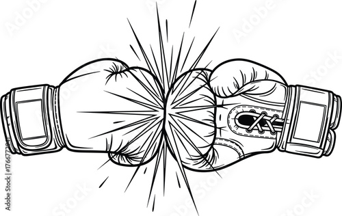 Dynamic black and white boxing gloves clashing vector illustration, sports icon for fight, combat, training, and gym concepts, bold graphic design