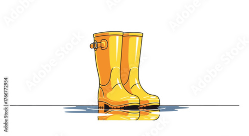 Pair yellow rubber rain boots standing in shallow water with reflections