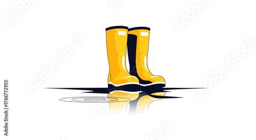 Pair bright yellow rubber boots standing in puddle water