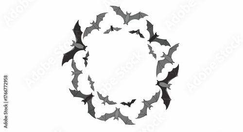Circular arrangement of gray and black birds in flight on a white background, forming a wreath-like pattern.