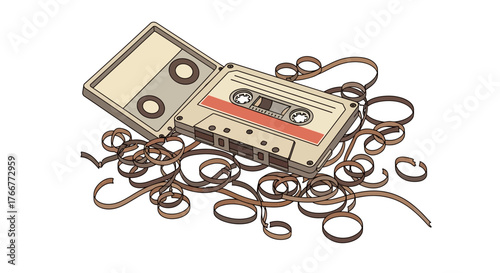 Open audio cassette tape with tangled magnetic tape spilling out